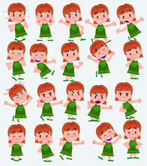 Cartoon character white girl. Set with different postures, attitudes and poses, doing different activities in isolated vector illustrations.