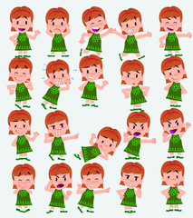 Cartoon character white girl. Set with different postures, attitudes and poses, doing different activities in isolated vector illustrations.