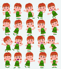 Cartoon character white girl. Set with different postures, attitudes and poses, doing different activities in isolated vector illustrations.