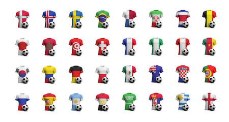 Football team soccer shirts with national flags and football ball. 3D Rendering