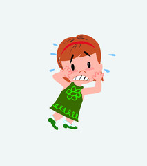 White girl very alarmed takes the hands to the head.