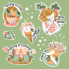 Set of stickers about spring. Isolated vector objects. Beautiful girl, coffee cup, ice cream, unicorn. Cartoon. Flowers, birds, stars and hearts.
