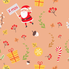 Seamless Pattern with Santa, Christmas Decorations