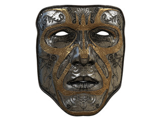Fototapeta na wymiar iron mask with ornament and gold bevels on an isolated white background. 3d illustration