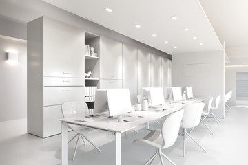 White office interior with a row of chairs, long table and computers 3d illustration