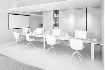 White office interior with a row of chairs, long table and computers 3d illustration
