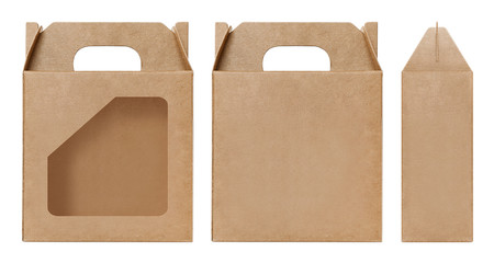 Box brown window shape cut out Packaging template, Empty kraft Box Cardboard isolated white...
