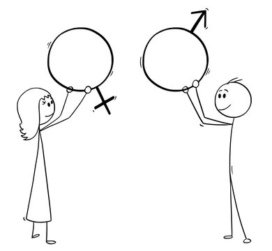 Cartoon Stick Man Drawing Conceptual Illustration Of Man And Woman Holding Male And Female Sex Symbols.