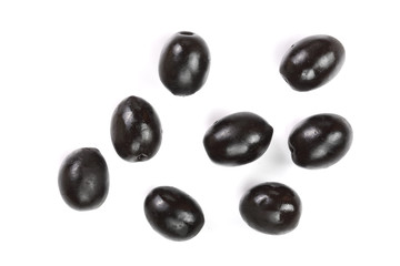 whole black olives isolated on white background. Top view. Flat lay pattern