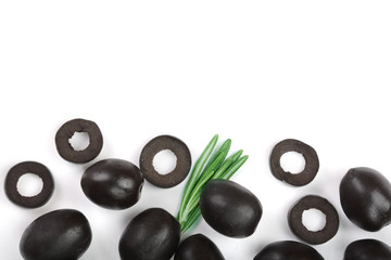 whole and sliced black olives isolated on white background. Top view. Flat lay pattern