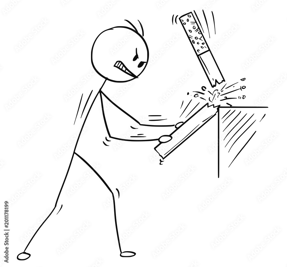 Poster cartoon stick man drawing conceptual illustration of angry man broking cigarette. concept metaphor o