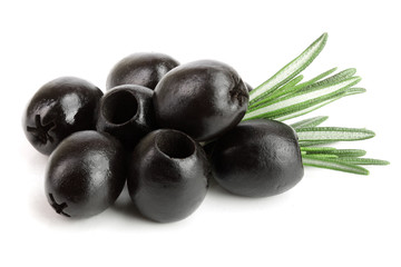 whole black olives with rosemary leaf isolated on white background macro