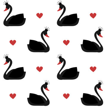 cute lovely princess black swan on white background seamless vector pattern illustration