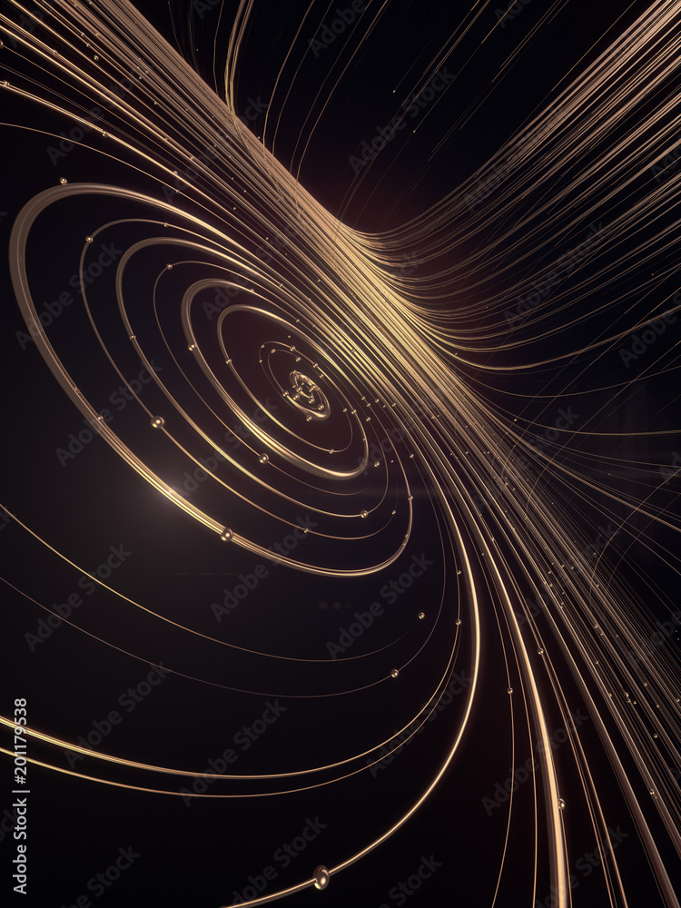 Poster abstract 3d rendering gold jewelry with shiny shapes beads on a dark background