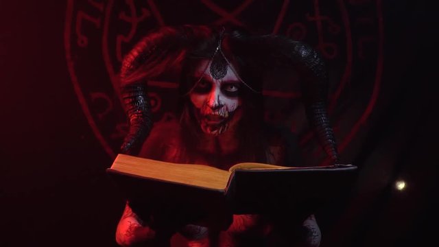 Satan reads a spell from an ancient book to call the forces of evil on our land, the concept art
