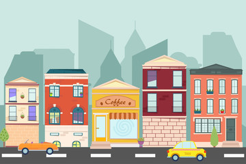 Web banner with city landscape. City landscape. Urban landscape in flat style.Fast food cafe in town. Vector illustration.