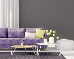 Living room with a purple sofa
