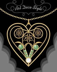 Golden art deco filigree necklace, pendant in heart shape with flowers and green gems on fine golden chain, antique gold jewel, fashion in victorian style, unusual golden jewelry