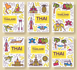 thailand thin line brochure cards set. Country template of flyear, magazines, posters, book cover, banners. Vector outline invitation concept background. Layout architecture modern pages