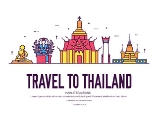 Naklejka premium Country Thailand travel vacation of place and feature. Set of architecture, item, nature background concept. Infographic traditional ethnic flat, outline, thin line icon