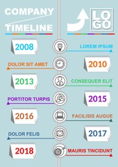 Infographic timeline template, abstract vector with seven calendar elements, icons and copy space, multicolored object on light blue background, company timeline