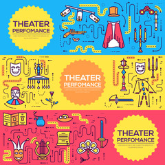Premium quality theater outline icons infographic set. Festival masquerade linear banners pack. Modern equipment template of thin line, logo, symbols, pictogram and flat illustrations concept