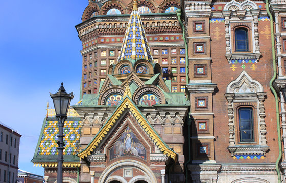 Church of Our Savior on Spilled Blood Architecture in Saint Petersburg, Russia. Historic Old Religious Building Exterior with Ornamental Decorations and Sculptures, Outdoor Scene.