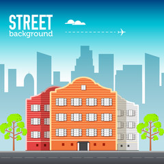 Flat buildings set. Icons background concept design. Colorful vector sity illustration