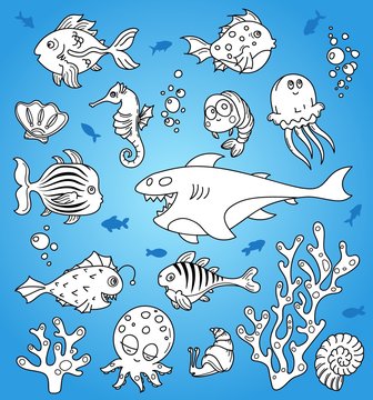 Ocean life, marine inhabitants outline vector set