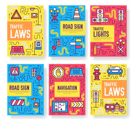 Traffic light day vector brochure cards thin line set. Urban template of flyear, magazines, posters, book cover, banners. Layout road transportation outline illustrations modern pages