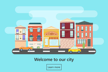 Naklejka premium Web banner with city landscape. City landscape. Urban landscape in flat style. Welcome banner. Fast food cafe in town. Vector illustration.