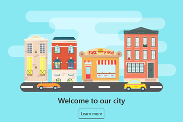 Web banner with city landscape. City landscape. Urban landscape in flat style. Welcome banner. Fast food cafe in town. Vector illustration.