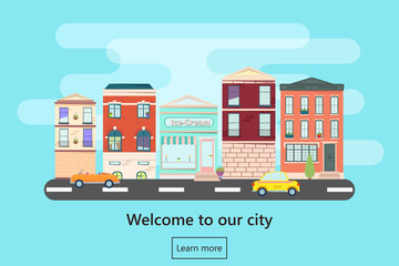 Web banner with city landscape. City landscape. Urban landscape in flat style. Welcome banner. Fast food cafe in town. Vector illustration.