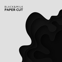 Paper cut background with milk. Abstract soft poster textured wavy layers. Black and white background. Imitation relief topography. Threading handicrafts. Cover design template. Vector illustration