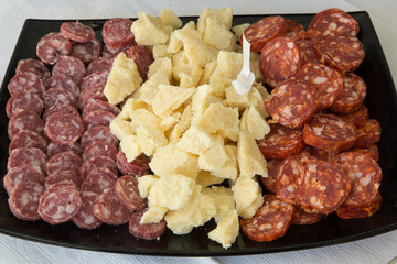 Italian mixed cold cuts. Serving tray with salami and parmesan