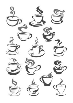 Coffee cups vector icons set for cafeteria or cafe