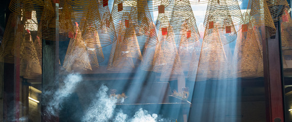 Incense coils in historic Tin Hau Temple, Yau Ma Tei, Kowloon, Hong Kong, China