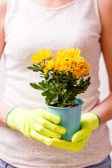 Photo of woman in rubber gloves holding pot with yellow flower