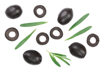 whole and sliced black olives with rosemary leaves isolated on white background. Top view. Flat lay pattern