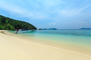 Bruer Island, amazing island from southern of Myanmar. A stunning seascape with turquoise water and white sand beach against blue sky at Bruer Island. Panoramic view