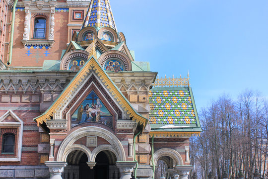 Church of Our Savior on Spilled Blood Architecture Details with Ornamental Exterior Decor in City of St. Petersburg, Russia. Panoramic Outdoor View of Orthodox Religious Building Decorative Facade.