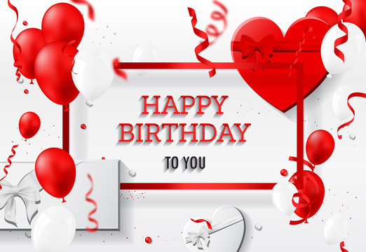 Happy Birthday Greeting Card with red white balloons and happy birthday.
