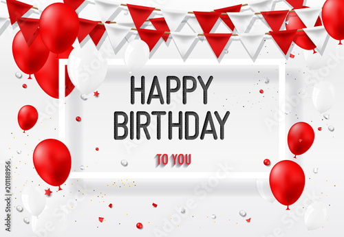 "Happy Birthday Greeting Card with red white balloons and 