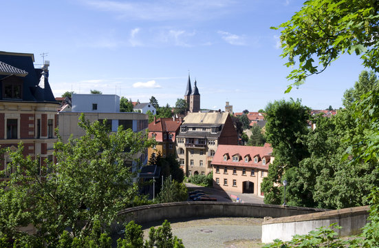 Altenburg / Germany: View from the castle drive to the so called Red Spires and the waterworks tower