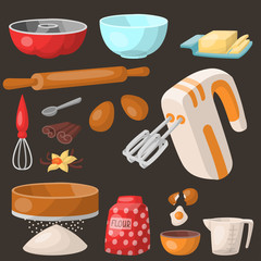 Baking pastry prepare cooking ingredients kitchen utensils homemade food preparation baker vector illustration.