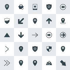 Modern Simple Set of location, arrows, security Vector fill Icons. ..Contains such Icons as  check,  circular,  down,  illustration,  arrow and more on white background. Fully Editable. Pixel Perfect.