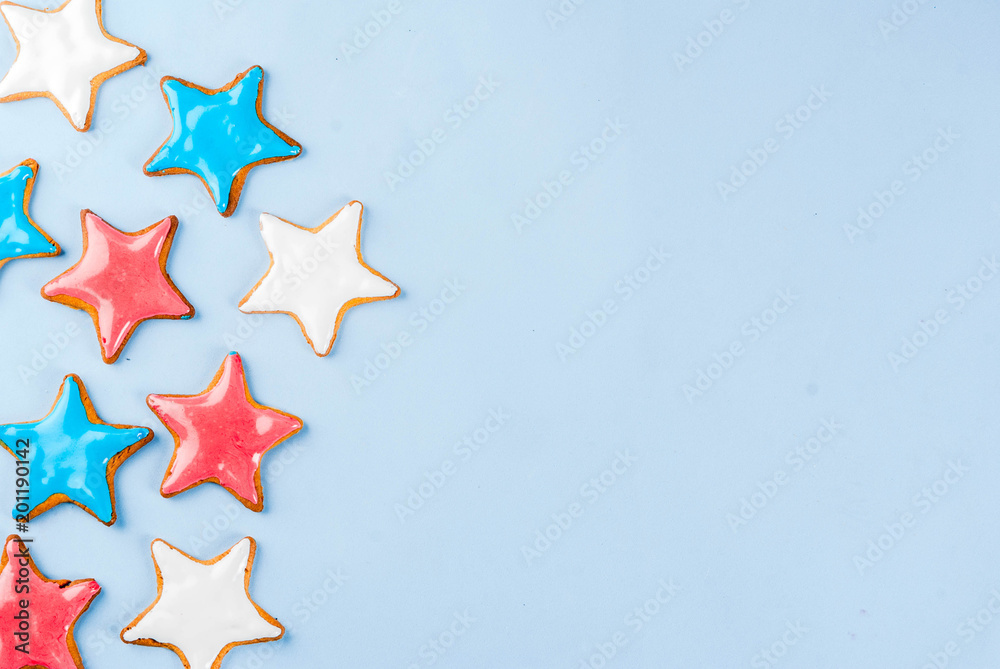 Wall mural American USA Independence Day background concept, star cookies blue, red, white, July 4,light blue background copy space