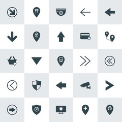 Modern Simple Set of location, arrows, security Vector fill Icons. ..Contains such Icons as  pin, location,  location,  harbor,  navigation and more on white background. Fully Editable. Pixel Perfect.