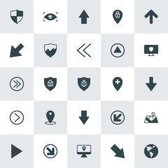 Modern Simple Set of location, arrows, security Vector fill Icons. ..Contains such Icons as  illustration,  digital, left,  diagonal,  map and more on white background. Fully Editable. Pixel Perfect.
