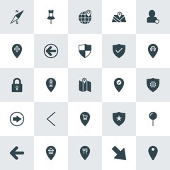 Modern Simple Set of location, arrows, security Vector fill Icons. ..Contains such Icons as  next,  map,  circle,  navigation, left, house and more on white background. Fully Editable. Pixel Perfect.